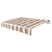 Awntech Maui motorized retractable awning in Brown/Tan/Terracotta Multi acrylic fabric, extended, three-quarter view with white open-roll frame and wave valance