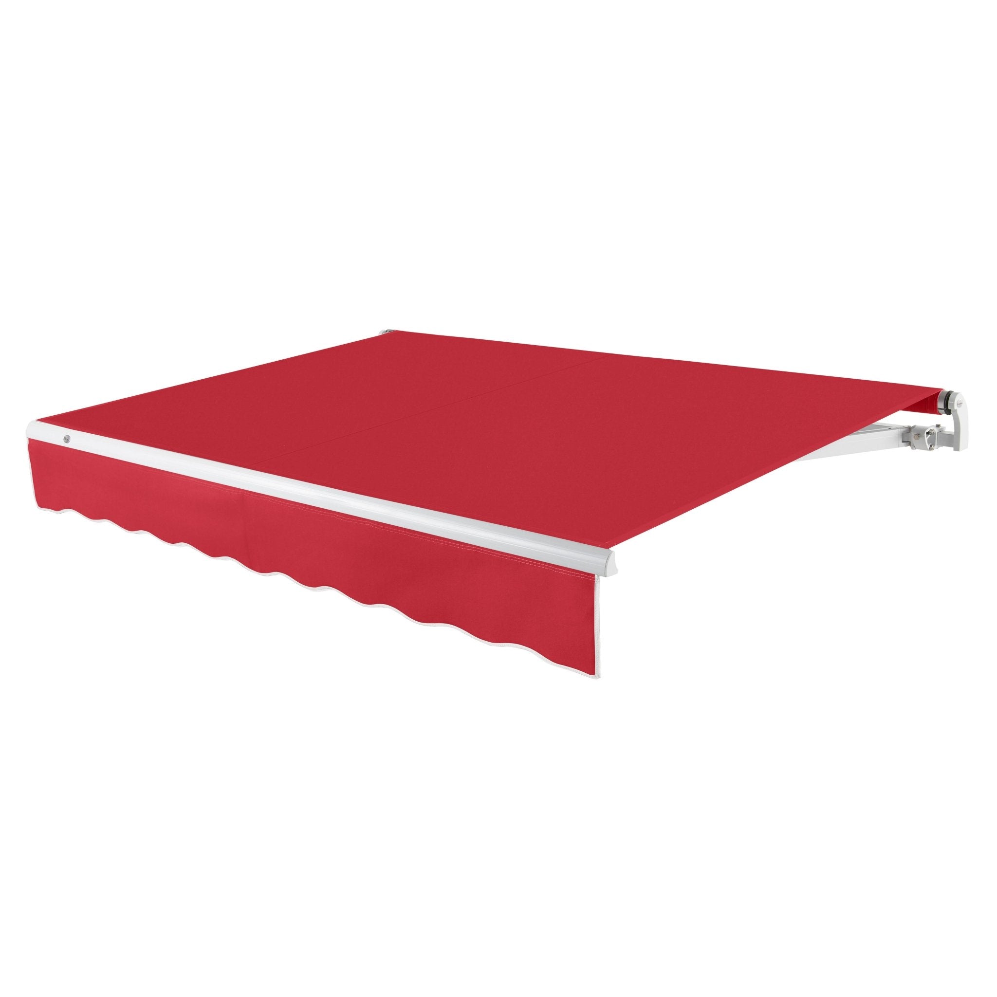 Awntech Maui motorized retractable awning in Red acrylic fabric, extended, three-quarter view with white open-roll frame and wave valance
