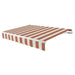 Awntech Maui motorized retractable awning in Terracotta/Tan Multi acrylic fabric, extended, three-quarter view with white open-roll frame and wave valance