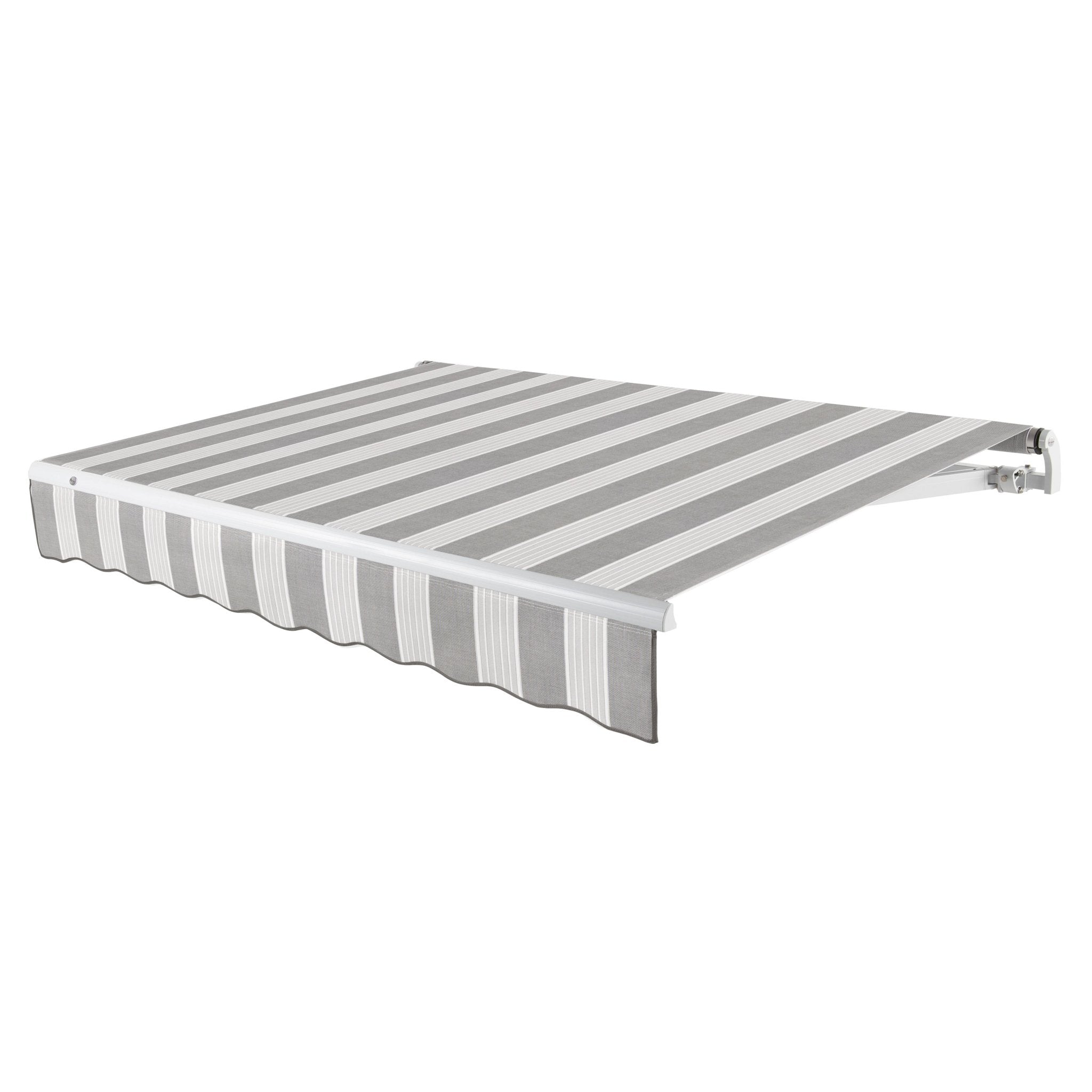 Awntech Maui motorized retractable awning in Gunmetal/Gray Multi acrylic fabric, extended, three-quarter view with white open-roll frame and wave valance
