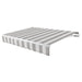 Awntech Maui motorized retractable awning in Gunmetal/Gray Multi acrylic fabric, extended, three-quarter view with white open-roll frame and wave valance