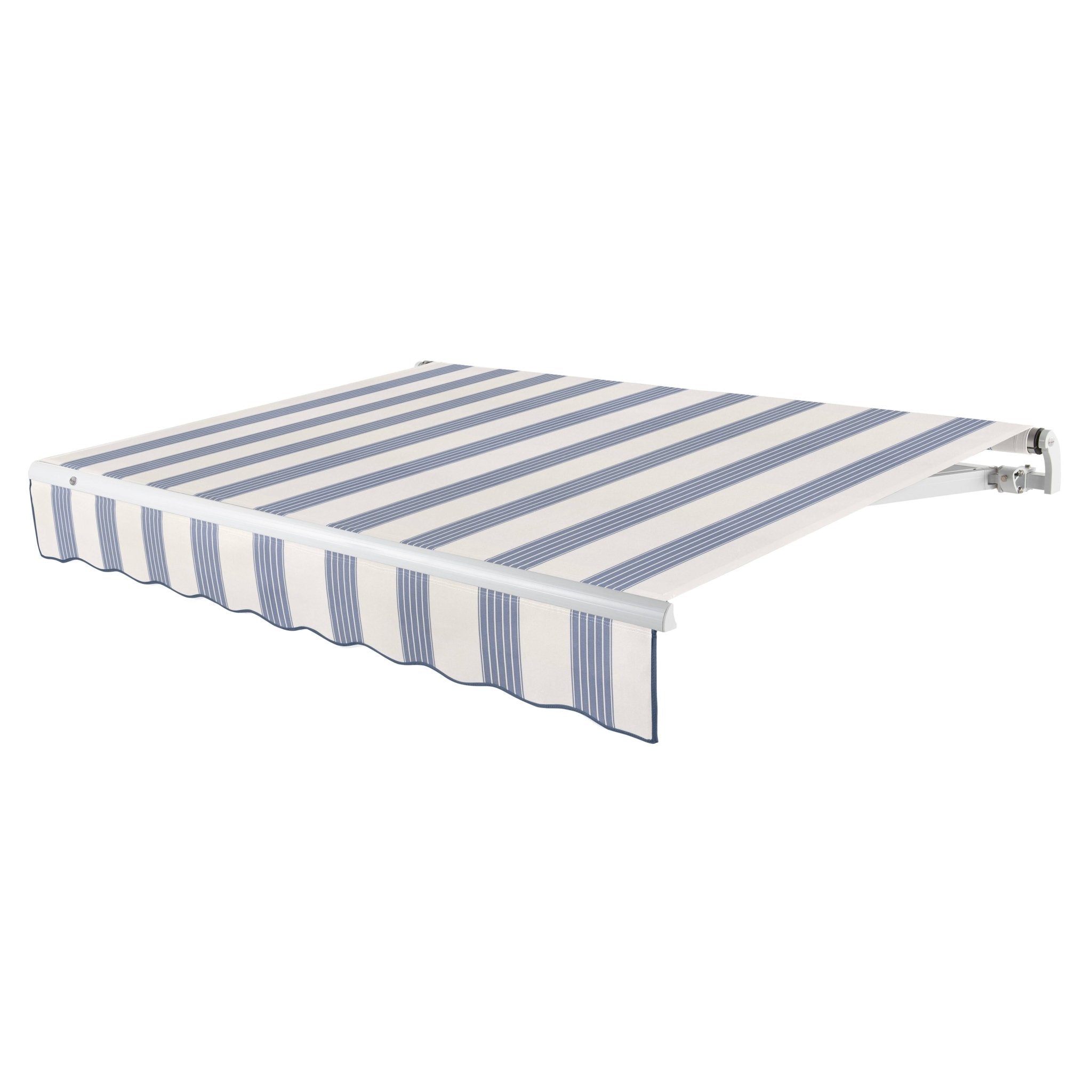 Awntech Maui motorized retractable awning in Dusty Blue Multi acrylic fabric, extended, three-quarter view with white open-roll frame and wave valance