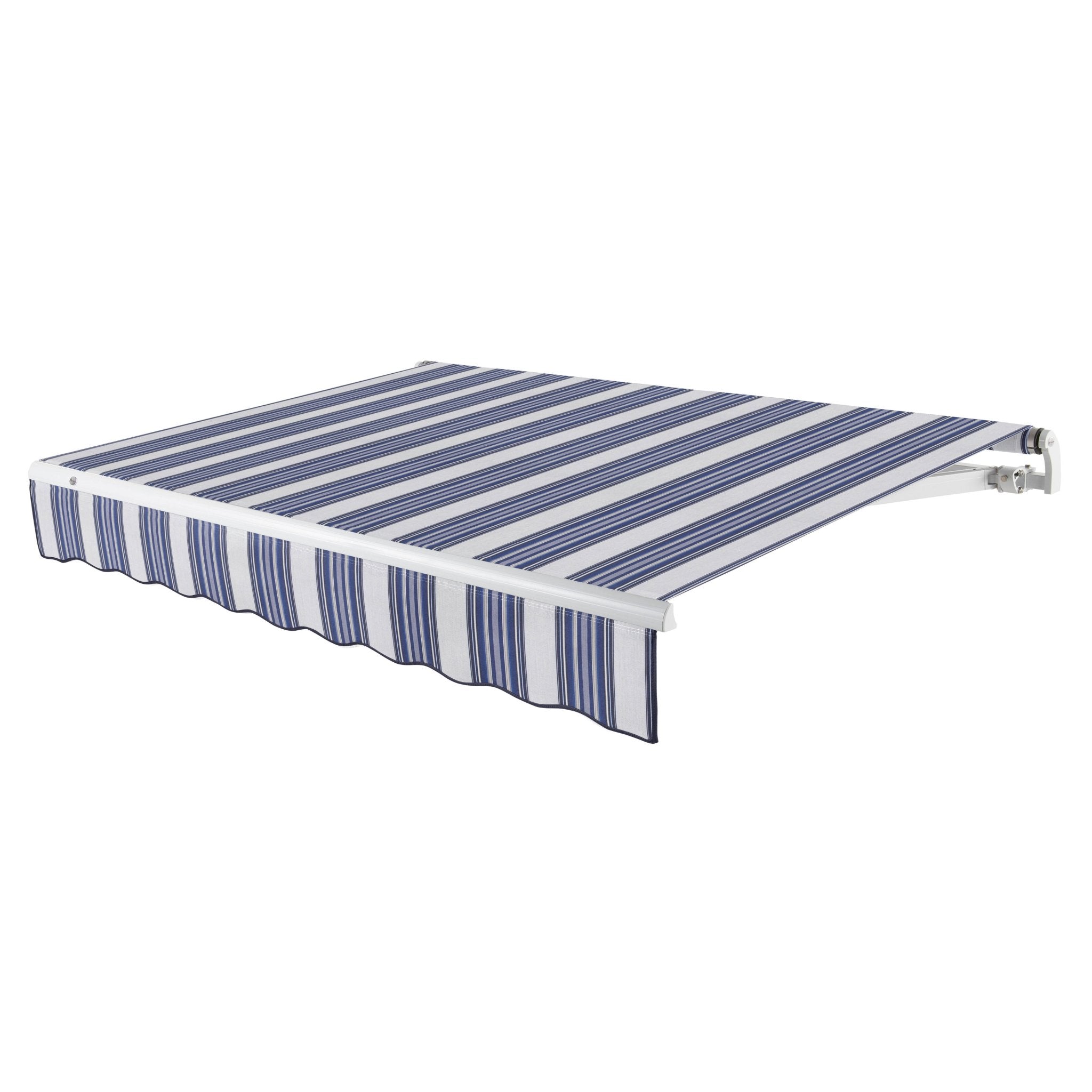 Awntech Maui motorized retractable awning in Navy/Gray/White Multi acrylic fabric, extended, three-quarter view with white open-roll frame and wave valance