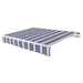 Awntech Maui motorized retractable awning in Navy/Gray/White Multi acrylic fabric, extended, three-quarter view with white open-roll frame and wave valance