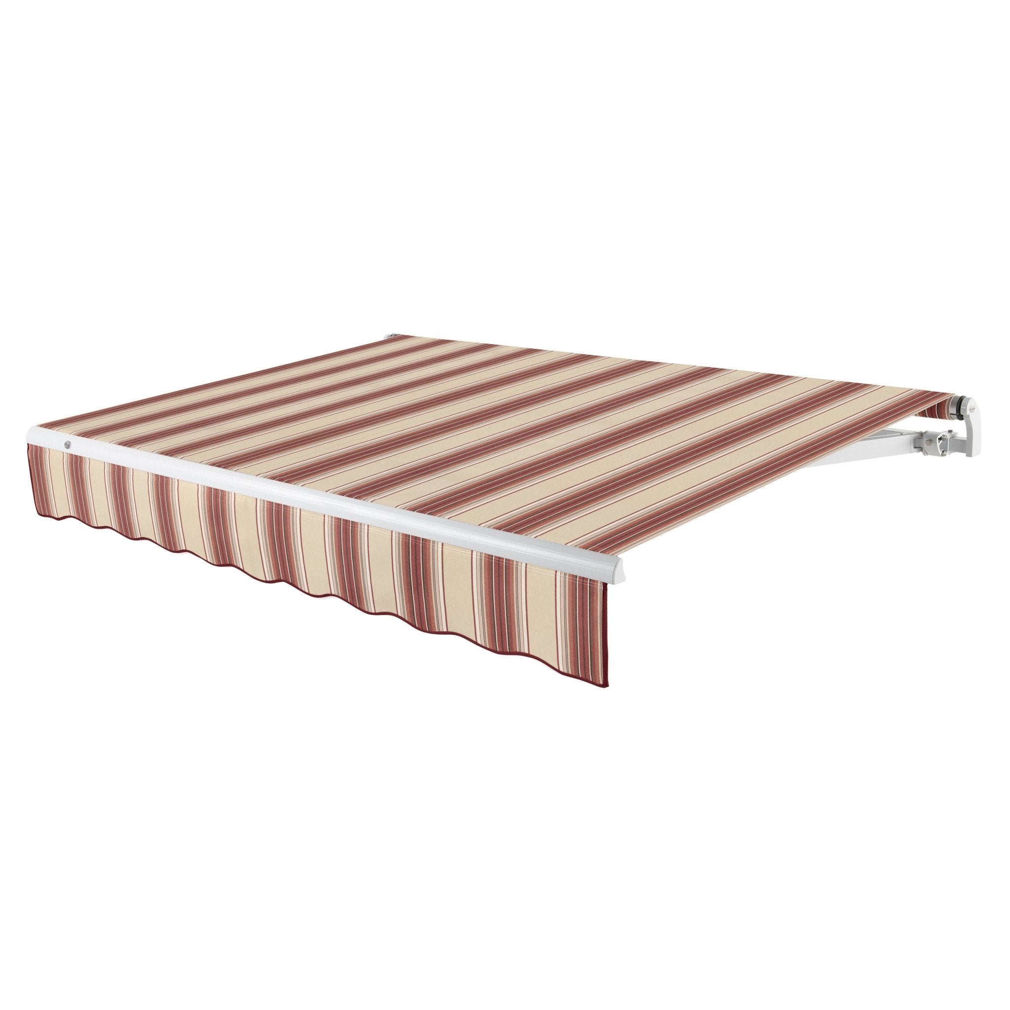 Awntech Maui motorized retractable awning in Burgundy/Tan Multi acrylic fabric, extended, three-quarter view with white open-roll frame and wave valance