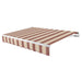 Awntech Maui motorized retractable awning in Burgundy/Tan Multi acrylic fabric, extended, three-quarter view with white open-roll frame and wave valance