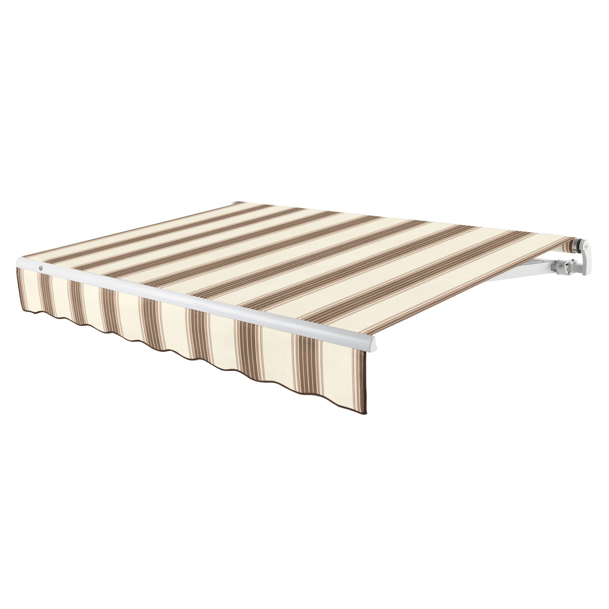 Awntech Maui motorized retractable awning in Brown/Tan/White Multi acrylic fabric, extended, three-quarter view with white open-roll frame and wave valance