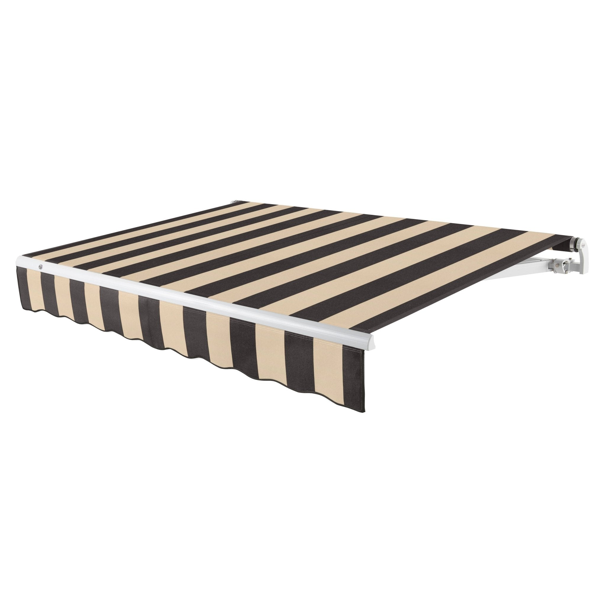Awntech Maui motorized retractable awning in Black/Tan Stripe acrylic fabric, extended, three-quarter view with white open-roll frame and wave valance