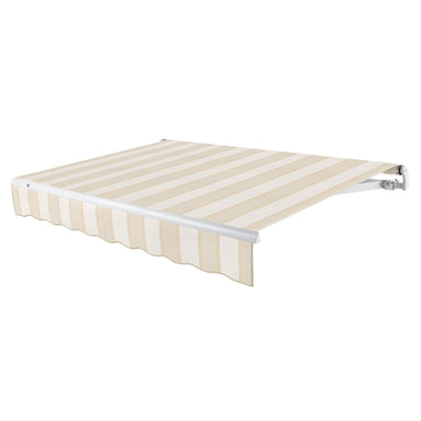 Awntech Maui motorized retractable awning in Almond Multi acrylic fabric, extended, three-quarter view with white open-roll frame and wave valance