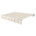 Awntech Maui motorized retractable awning in Almond Multi acrylic fabric, extended, three-quarter view with white open-roll frame and wave valance
