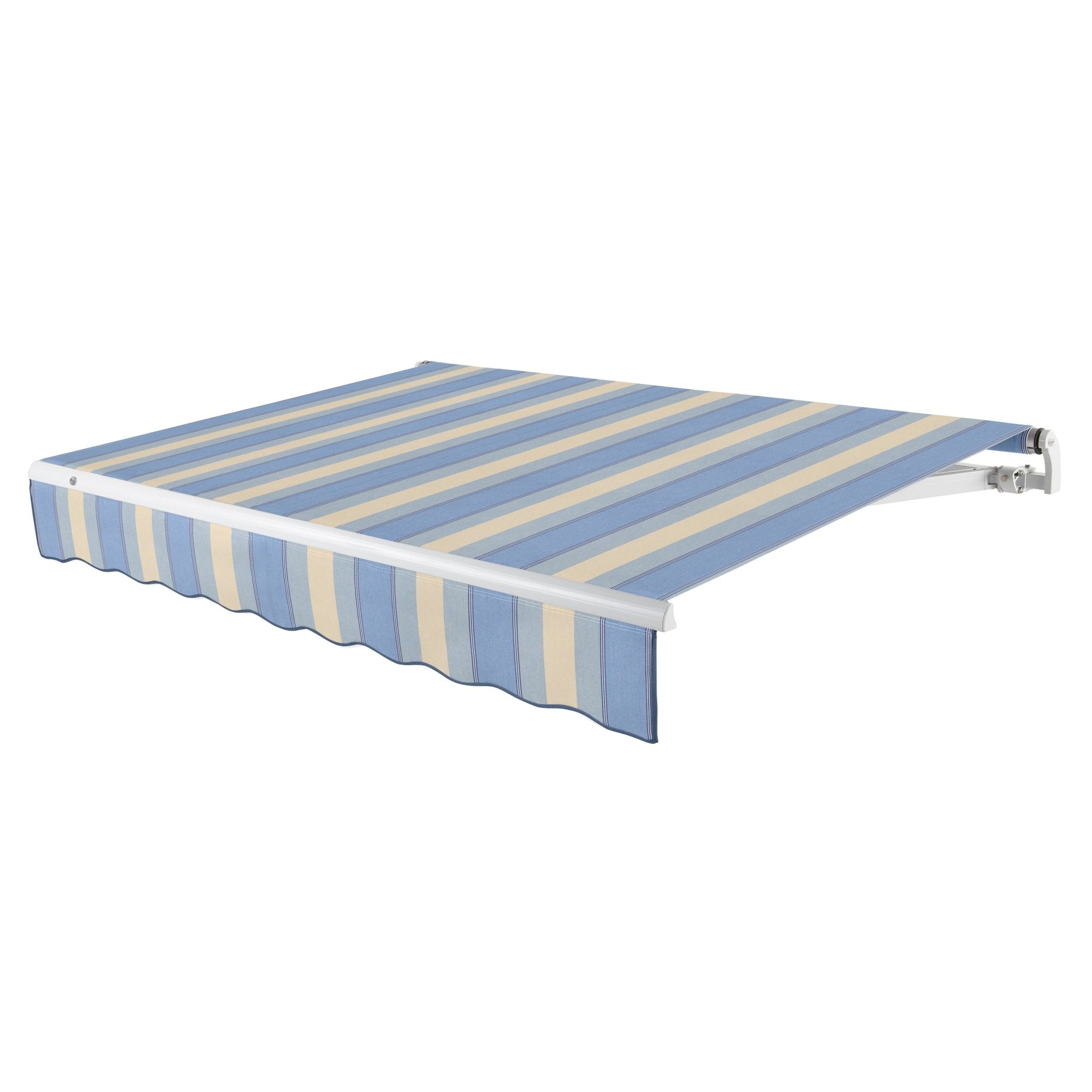 Awntech Maui motorized retractable awning in Dusty Blue/Tan Wide Multi acrylic fabric, extended, three-quarter view with white open-roll frame and wave valance