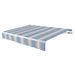 Awntech Maui motorized retractable awning in Dusty Blue/Tan Wide Multi acrylic fabric, extended, three-quarter view with white open-roll frame and wave valance