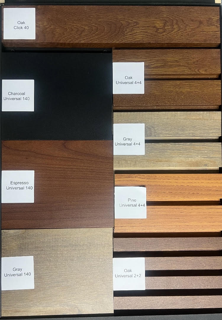 Firefly cladding sample board showing Oak, Gray, Pine, Espresso and Charcoal colors in the Click 40 and Universal panel profiles