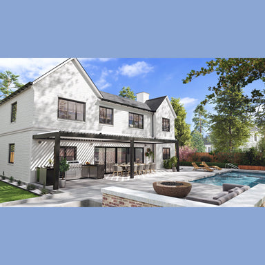 Black Equinox louvered pergola spanning the rear of a white two-story house, covering an outdoor kitchen, dining table, and pool loungers