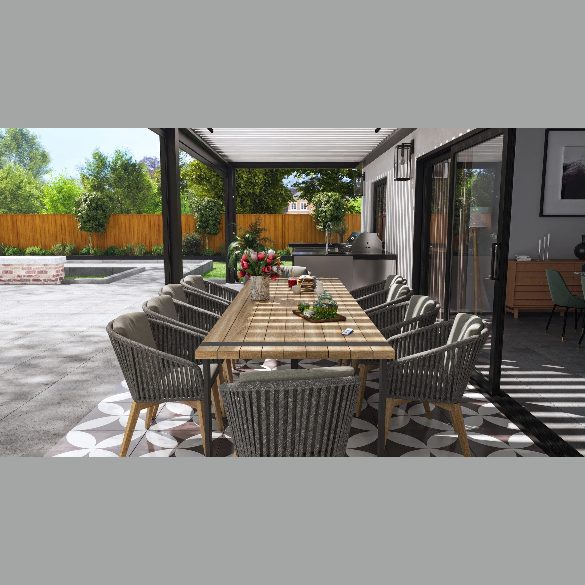 Close view of an Equinox pergola's open louver blades casting striped shade over an outdoor dining table