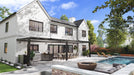 White house with an attached black Equinox louvered pergola shading a patio and pool area