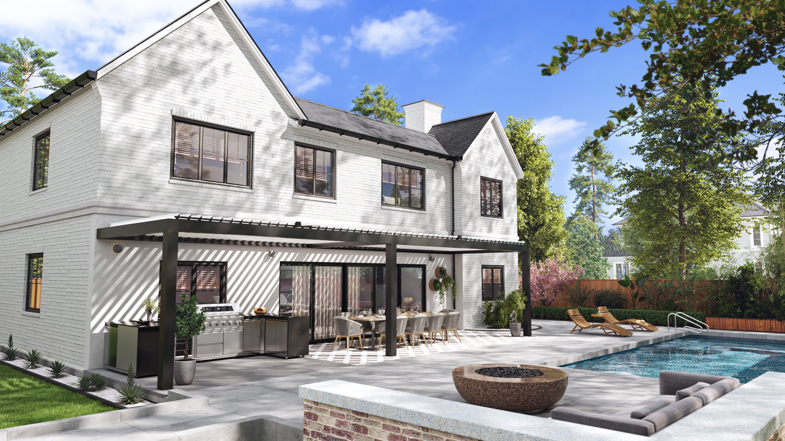 White house with an attached black Equinox louvered pergola shading a patio and pool area