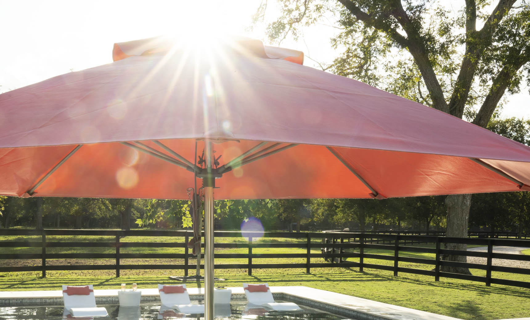 Ledge Lounger Essential pool umbrella shown in an outdoor setting, lifestyle photo 4 of 7