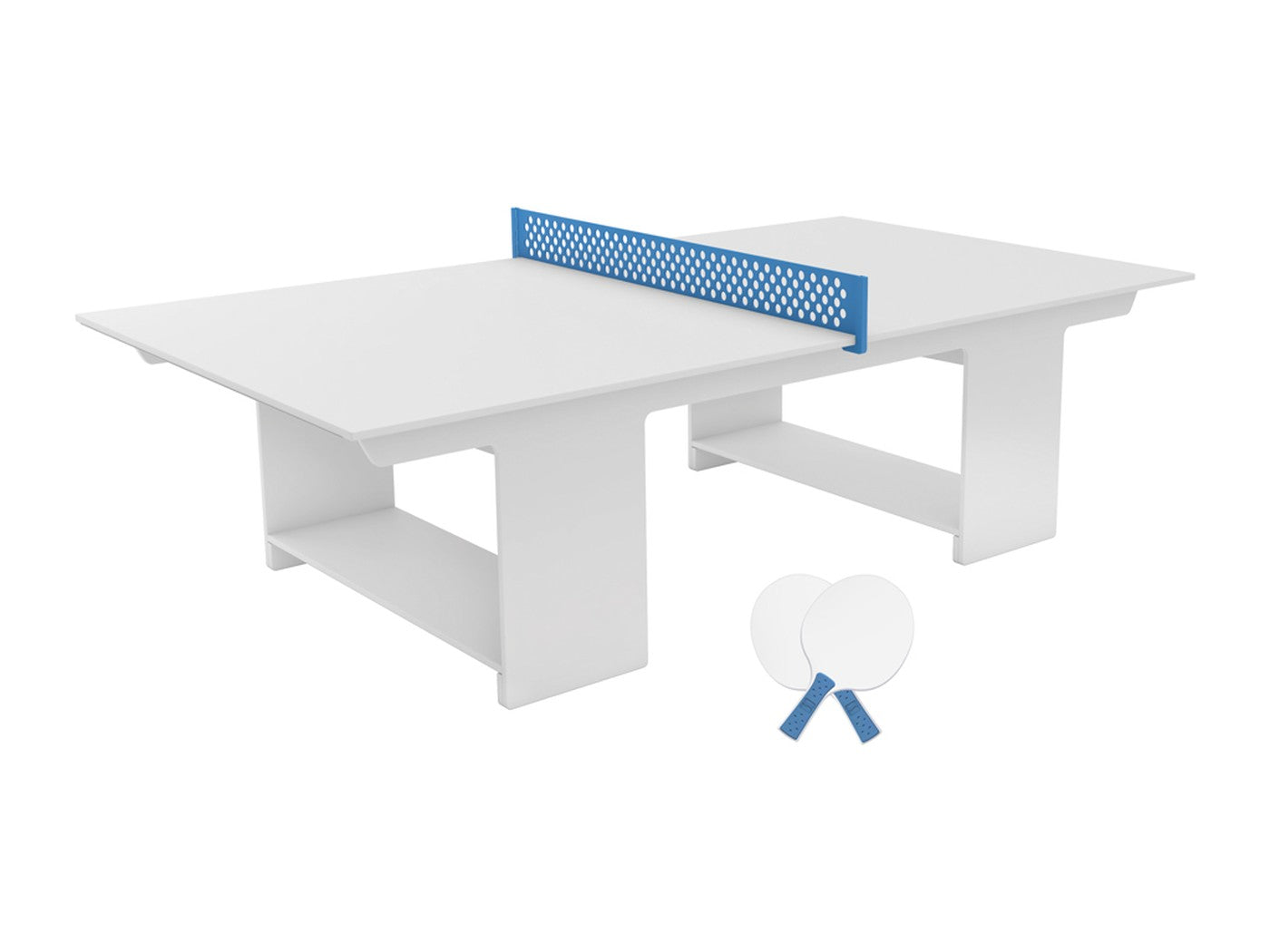 Ledge Lounger outdoor ping pong table in White with a blue net and two paddles
