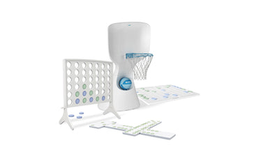 Ledge Lounger Oversized Patio Games Set with the white Hoopstr basketball hoop, Four In A Row, Dominoes and the Checkers and Tic Tac Toe board