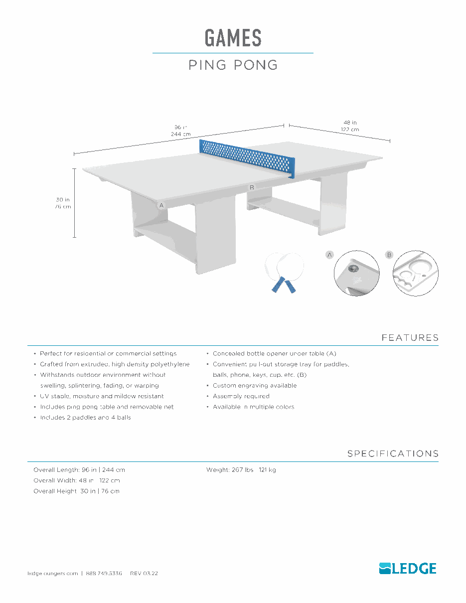 Ledge Lounger ping pong table specification sheet showing 96 inches long, 48 inches wide, 30 inches high and 267 pounds