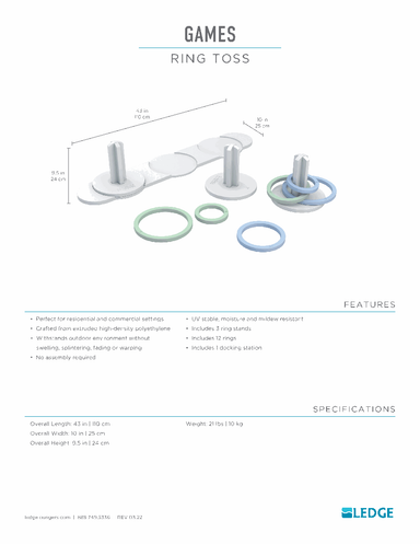 Ledge Lounger Ring Toss specification sheet showing the assembled set at 43 inches long, 10 inches wide, 9.5 inches high and 21 pounds
