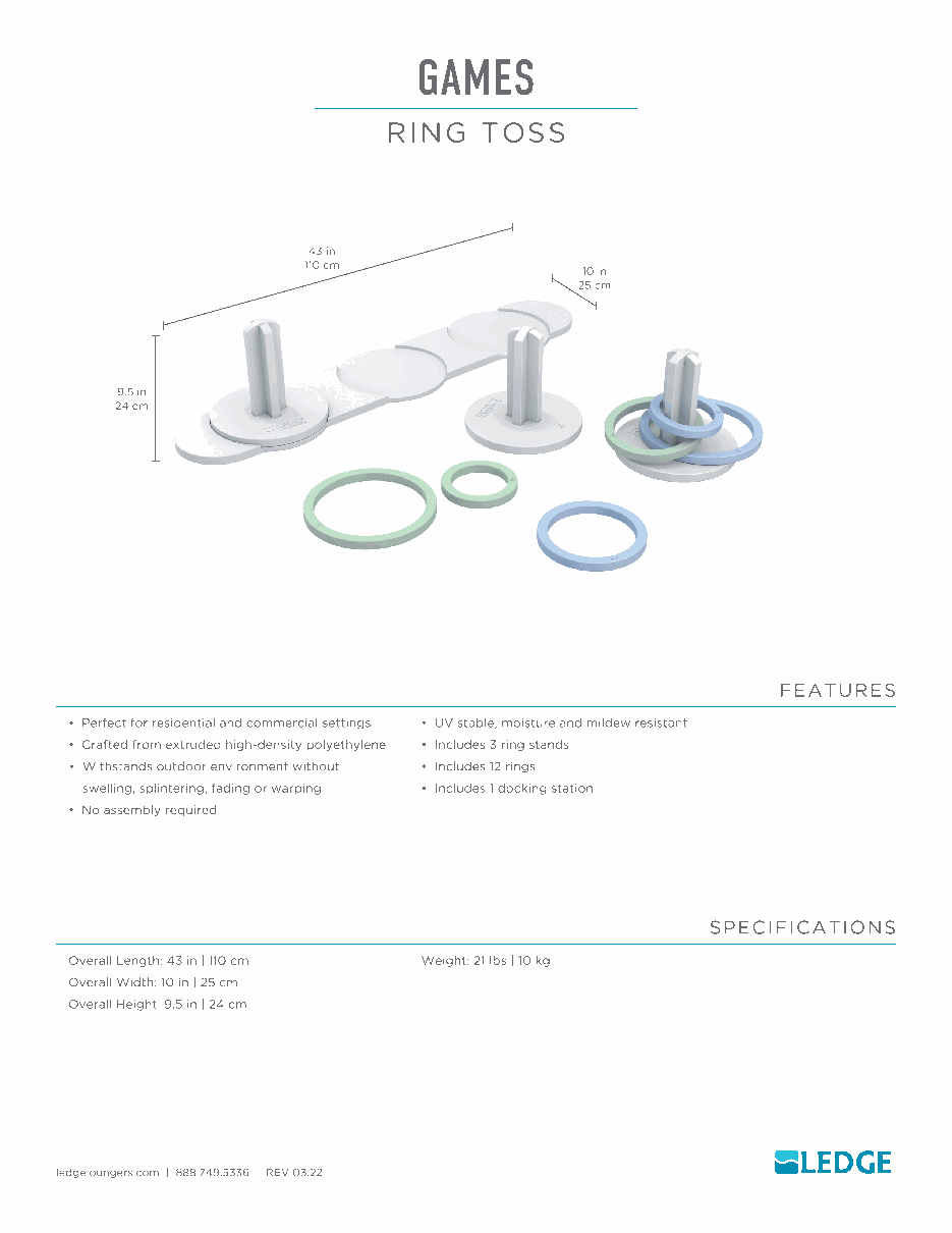 Ledge Lounger Ring Toss specification sheet showing the assembled set at 43 inches long, 10 inches wide, 9.5 inches high and 21 pounds