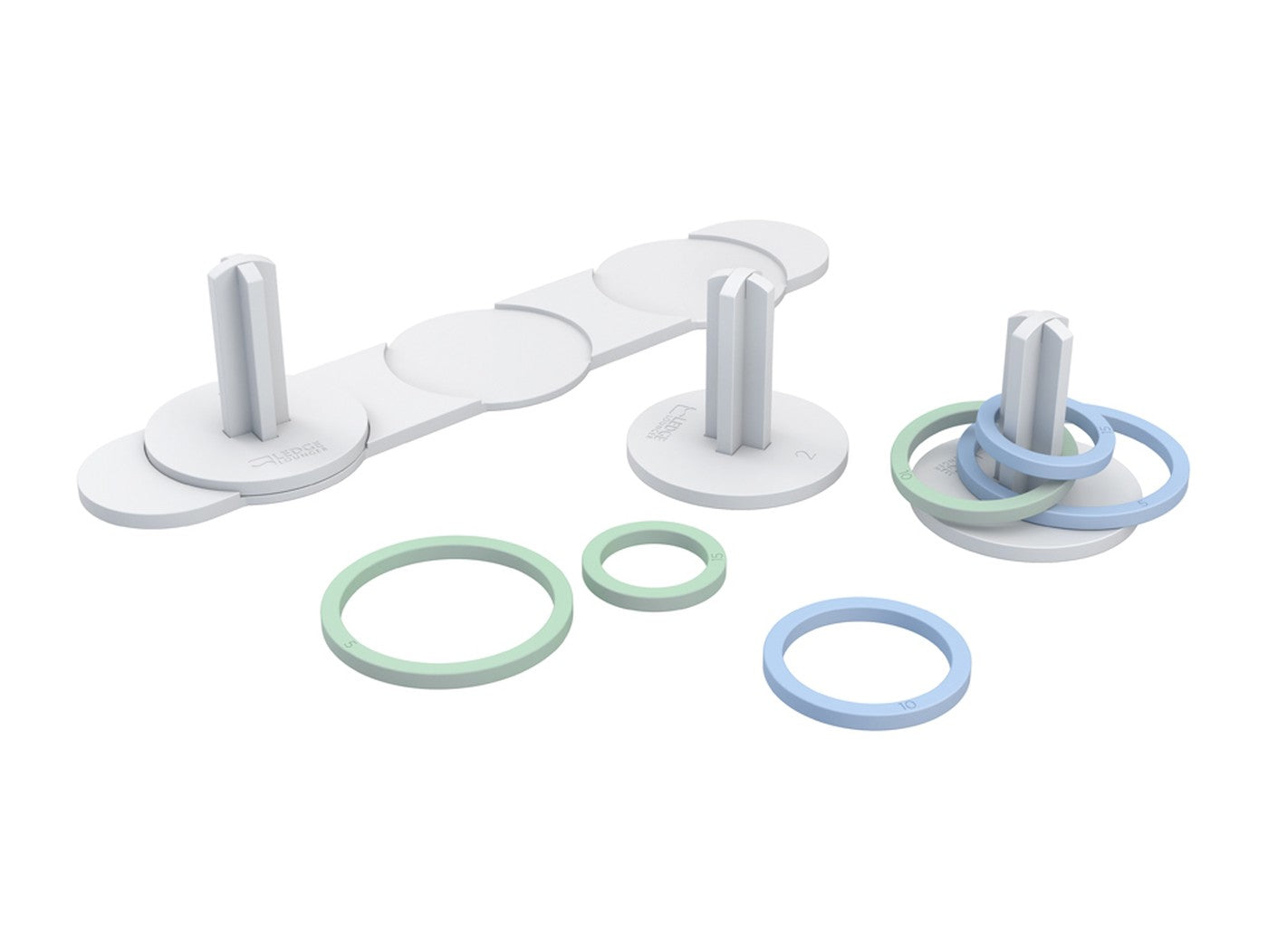 Ledge Lounger Ring Toss game set with three white ring stands and six numbered rings in Sage Green and Sky Blue